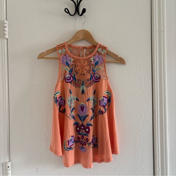 free people movement Tops - Free People Embroidered Crochet Tank Top Size Small Orange Boho Linen Blend